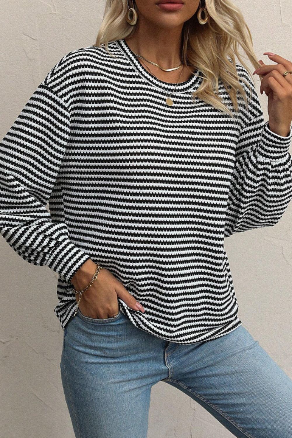 Striped Round Neck Long Sleeve Top - Charming Charlie