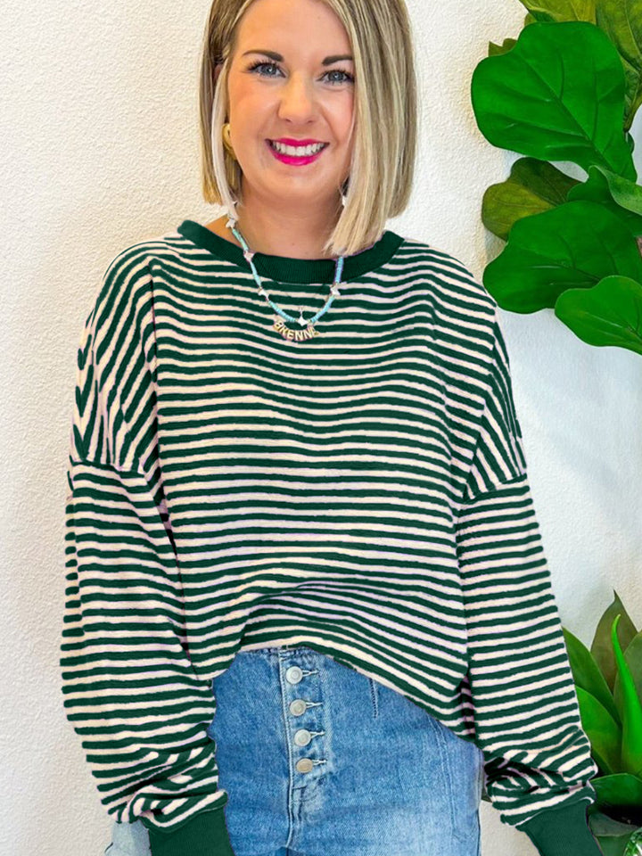 Striped Round Neck Long Sleeve Sweatshirt - Charming Charlie