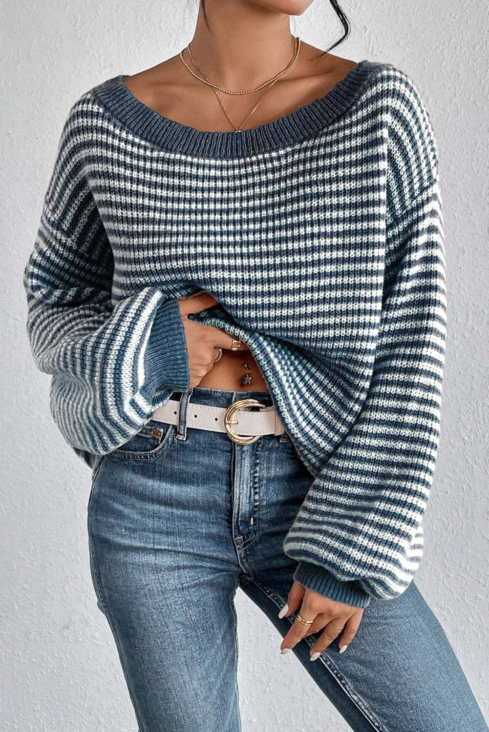 Striped Boat Neck Long Sleeve Sweater - Charming Charlie