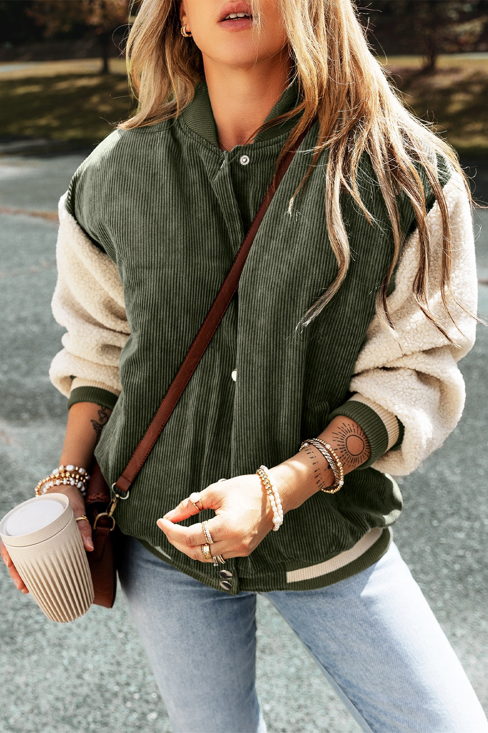 Contrast Baseball Collar Snap Down Long Sleeve Jacket - Charming Charlie