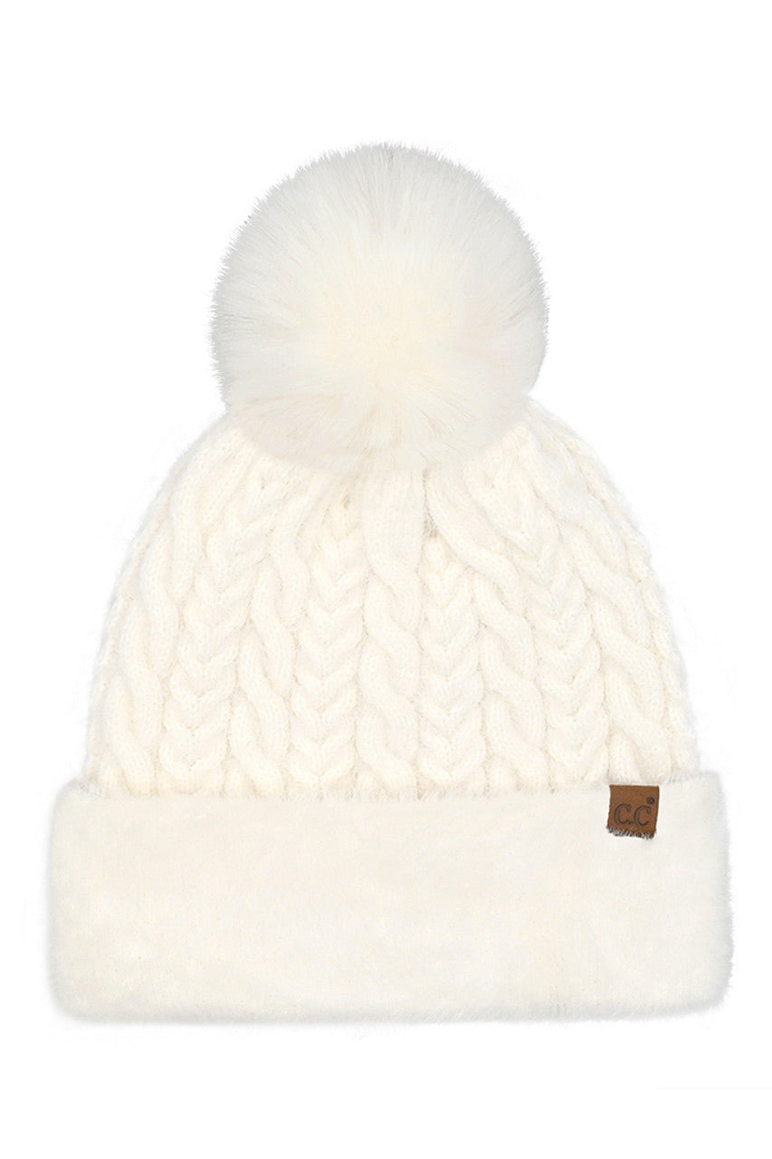 White C.C Cable Knit Fur Cuff Pom Beanie