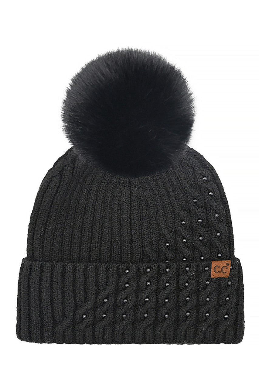 Black C.C Cable Pom With Pearl Embellishments Beanie