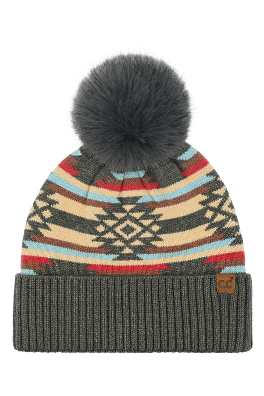 Gray C.C Aztec Pattern Pom Cuff Beanie