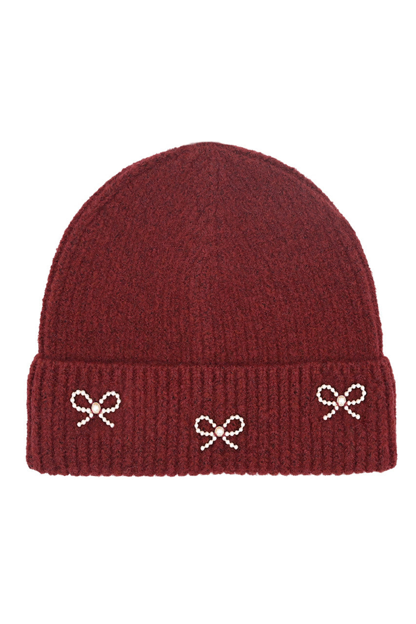 Burgundy C.C Pearl Bow Charm Cuff Beanie