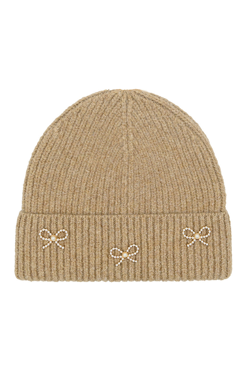 Taupe C.C Pearl Bow Charm Cuff Beanie