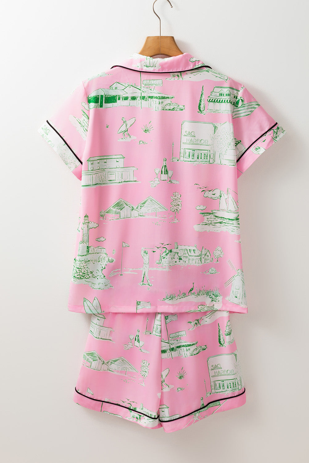 Collared Neck Printed Top and Drawstring Shorts Lounge Set - Charming Charlie