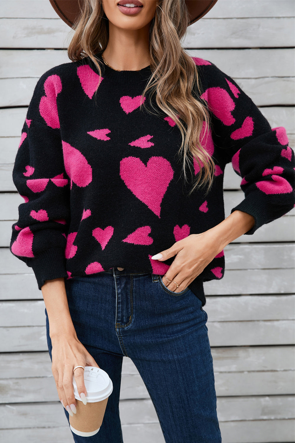 Angel Wings Heart Contrast Round Neck Long Sleeve Sweater - Charming Charlie