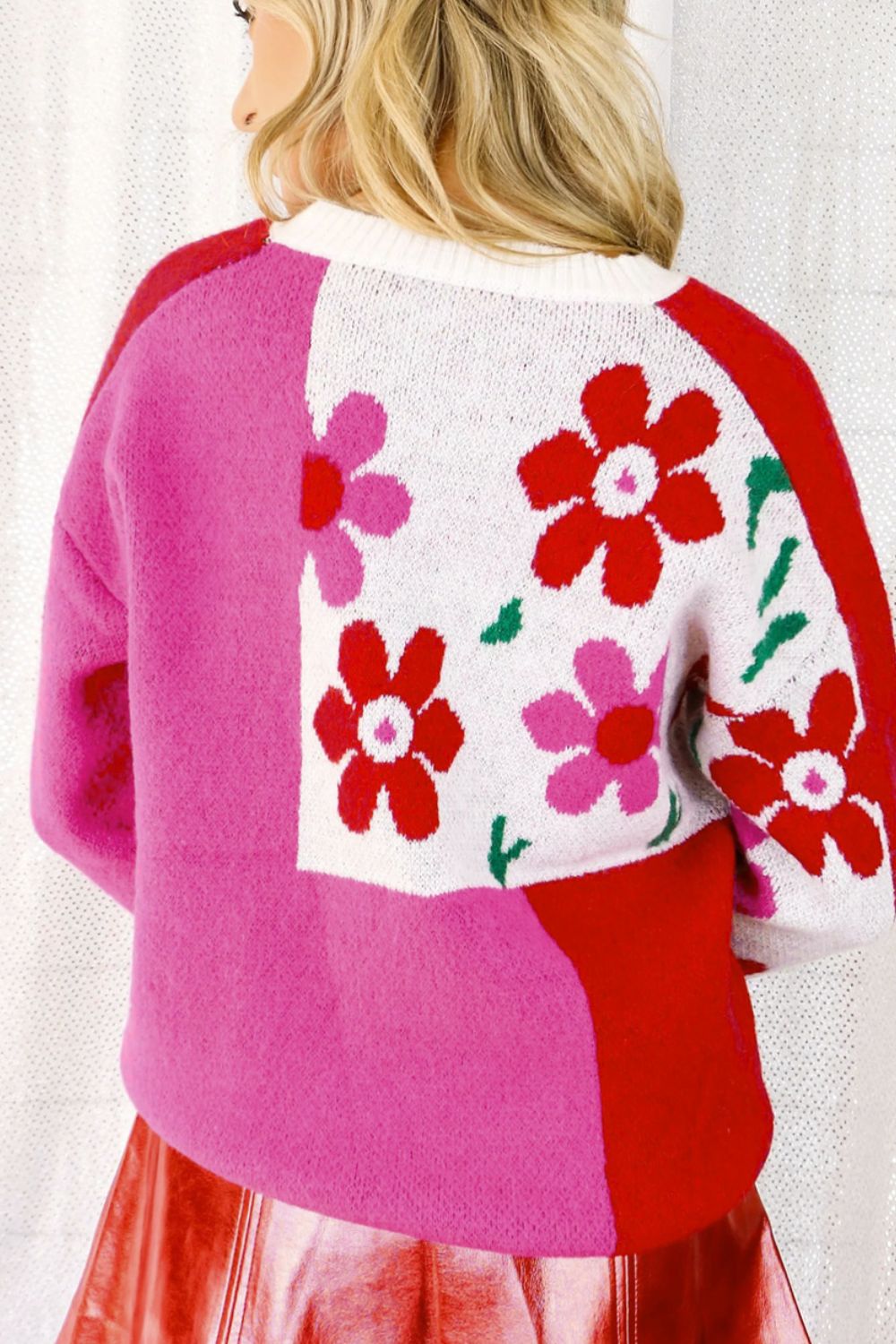 Flower Color Block Round Neck Sweater - Charming Charlie