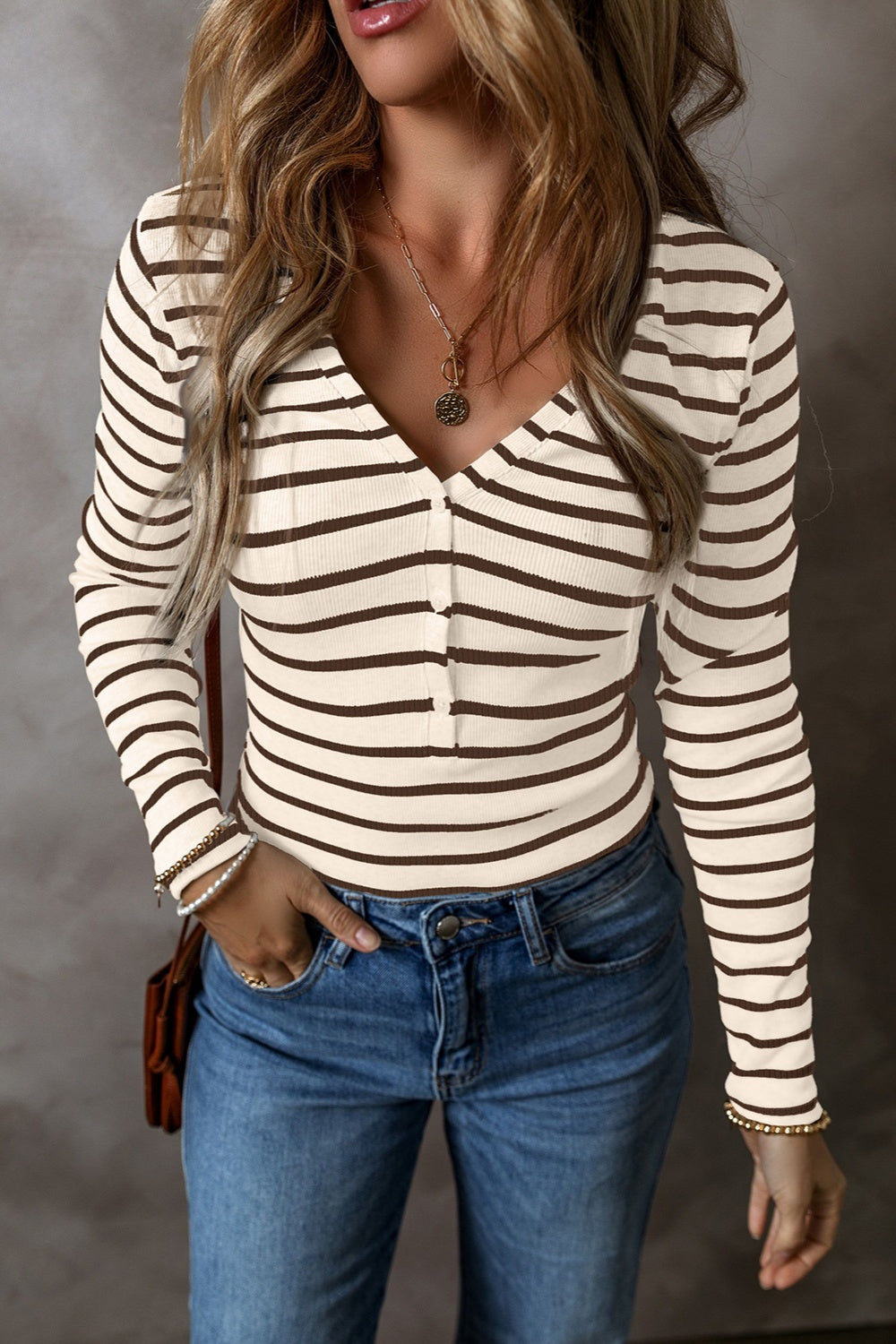 Striped V-Neck Long Sleeve Top - Charming Charlie