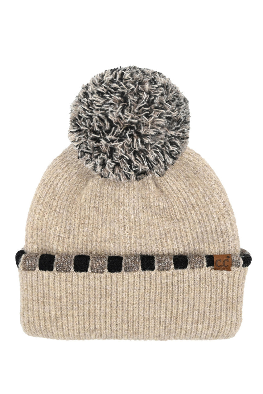 Taupe C.C Neutral Horizontal Stripe Cuffed Pom Beanie