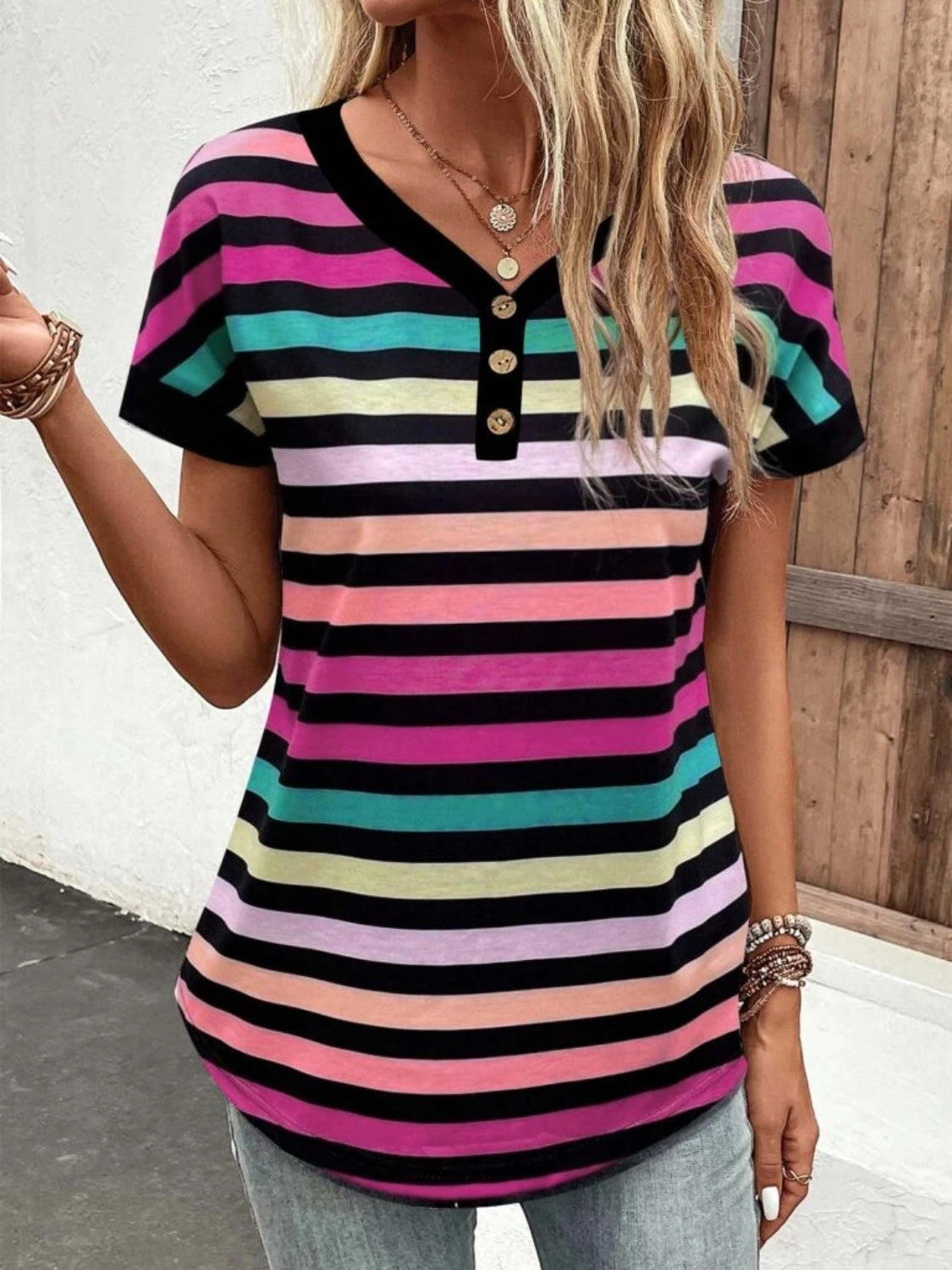 Striped V-Neck Short Sleeve T-Shirt - Charming Charlie