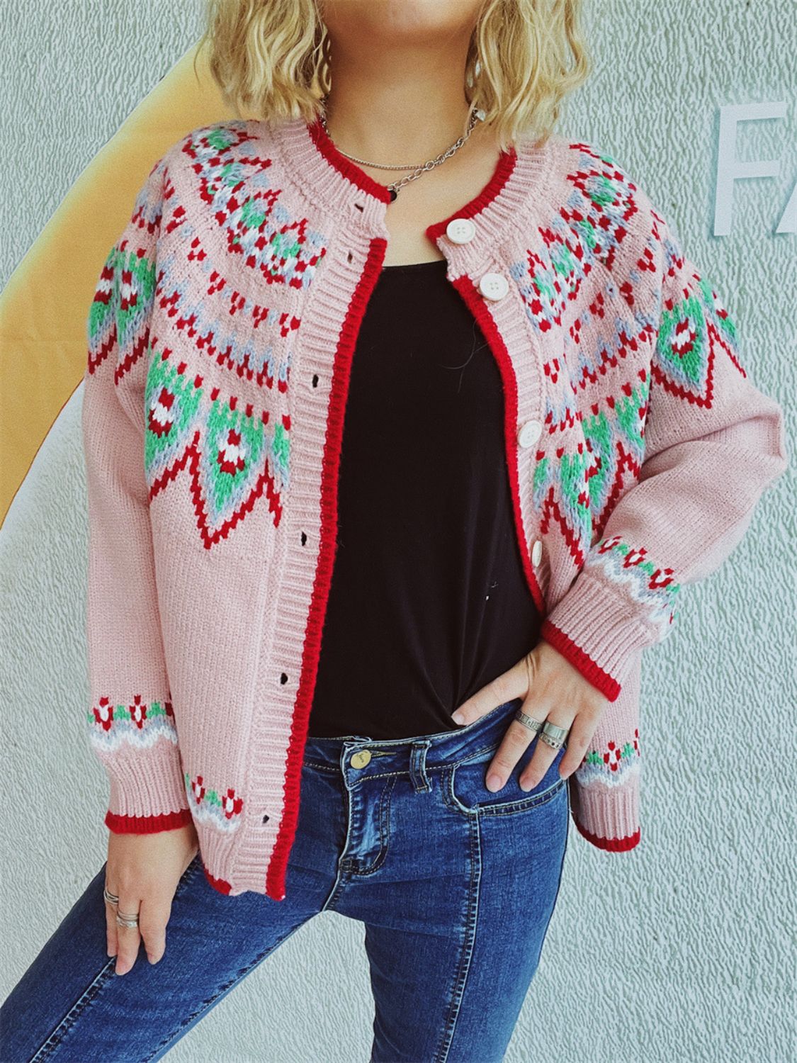 Contrast Geometric Round Neck Long Sleeve Cardigan - Charming Charlie