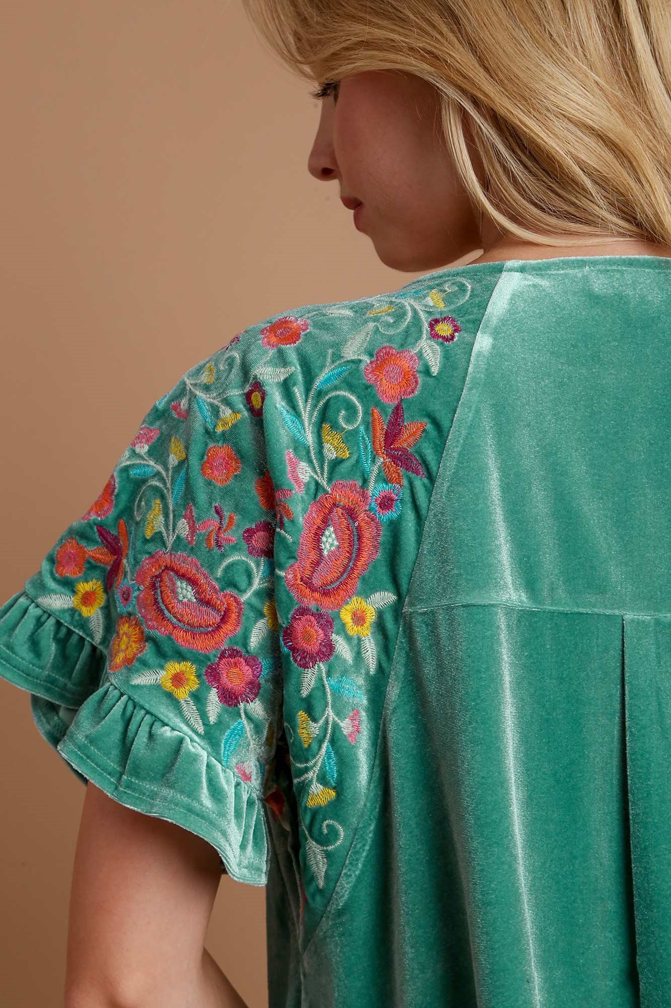 Umgee Velvet Embroidery Short Sleeve Blouse - Charming Charlie