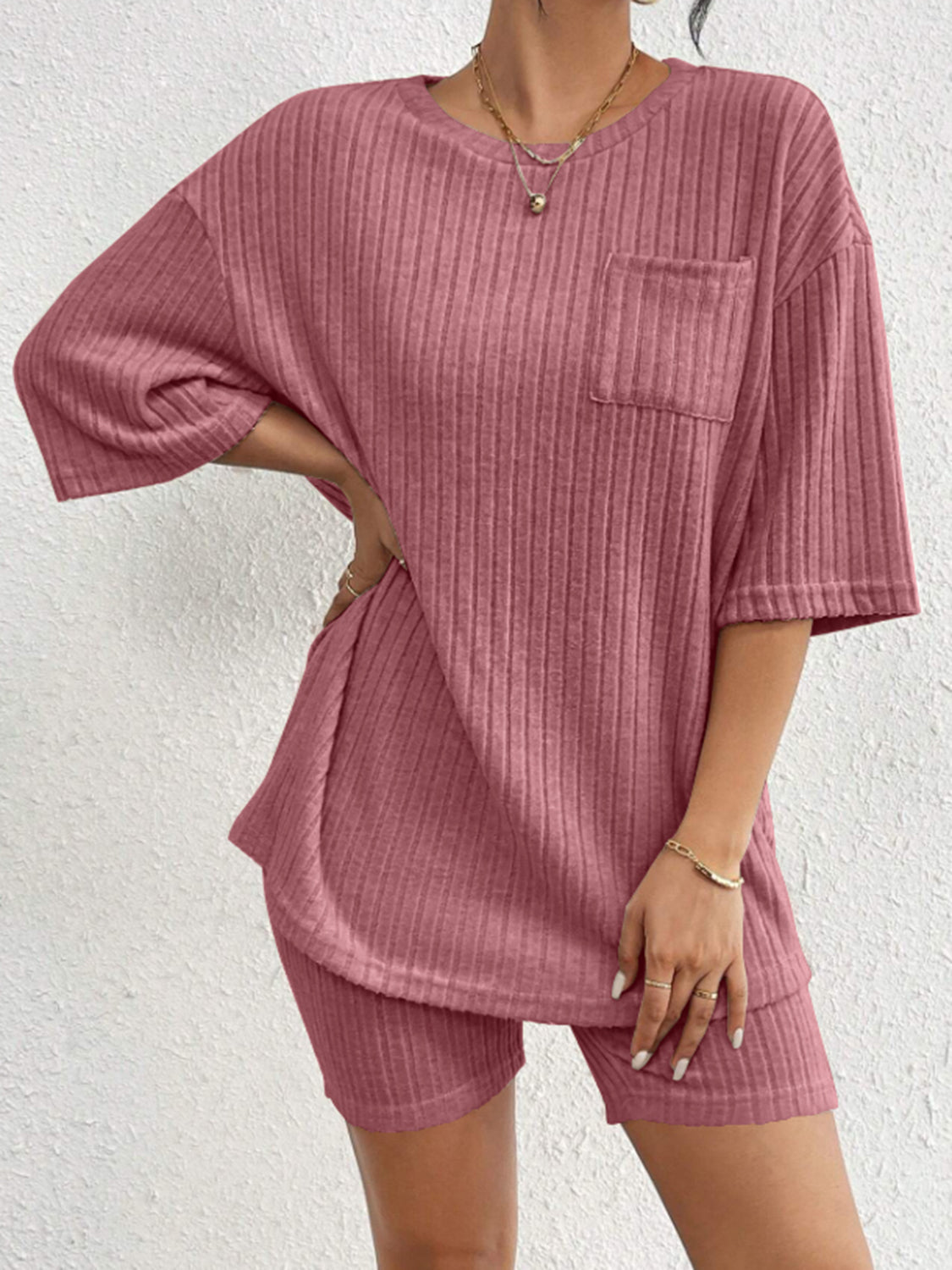 Ribbed Round Neck Top and Shorts Set - Charming Charlie