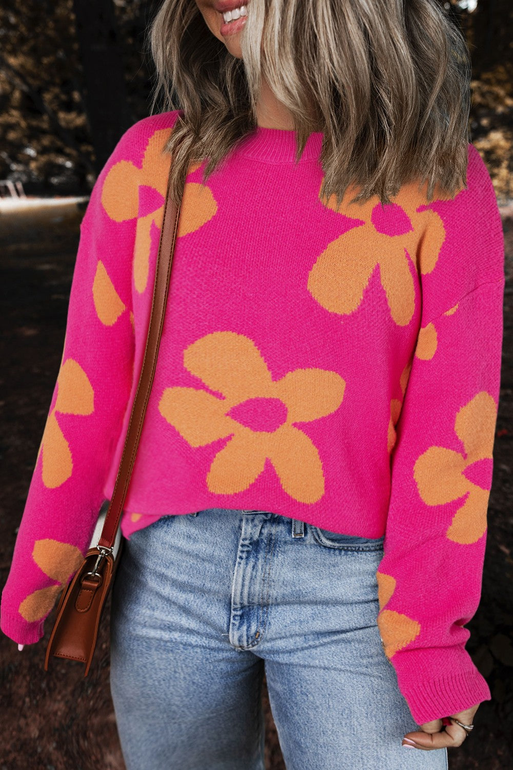 Flower Round Neck Long Sleeve Sweater - Charming Charlie