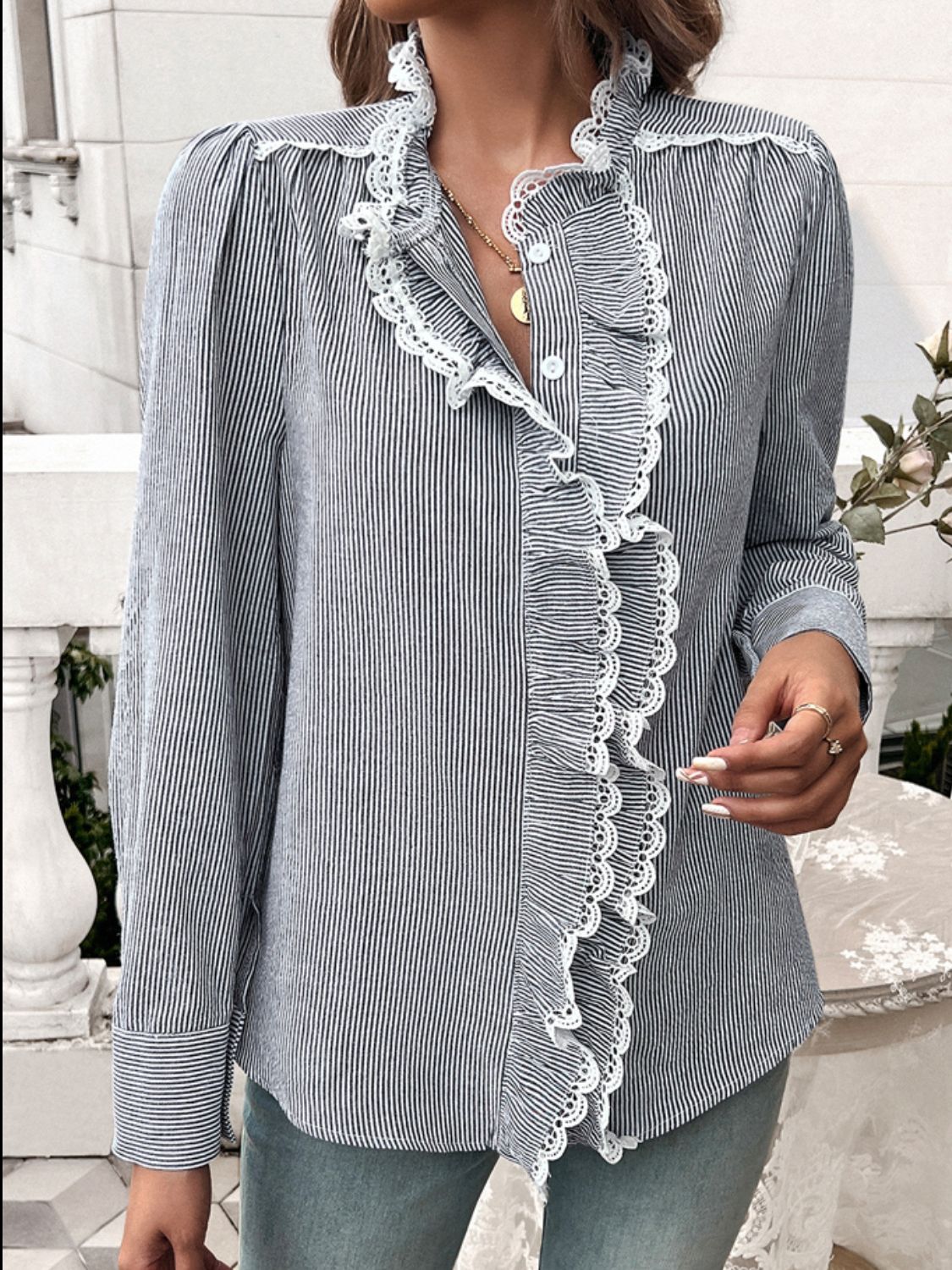 Lace Detail Ruffled Round Neck Long Sleeve Shirt - Charming Charlie