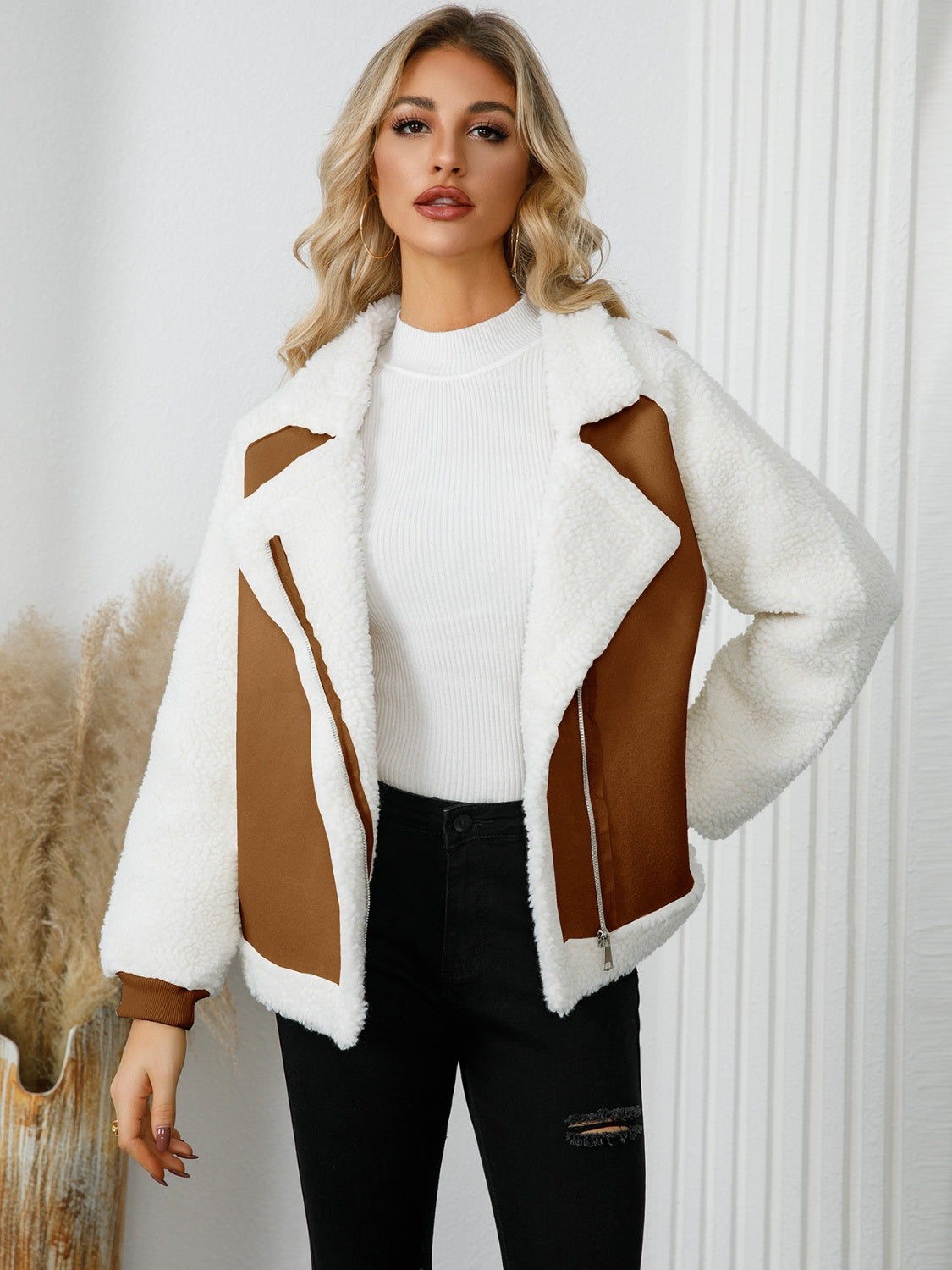 Pocketed Sherpa Zip Up Long Sleeve Jacket - Charming Charlie