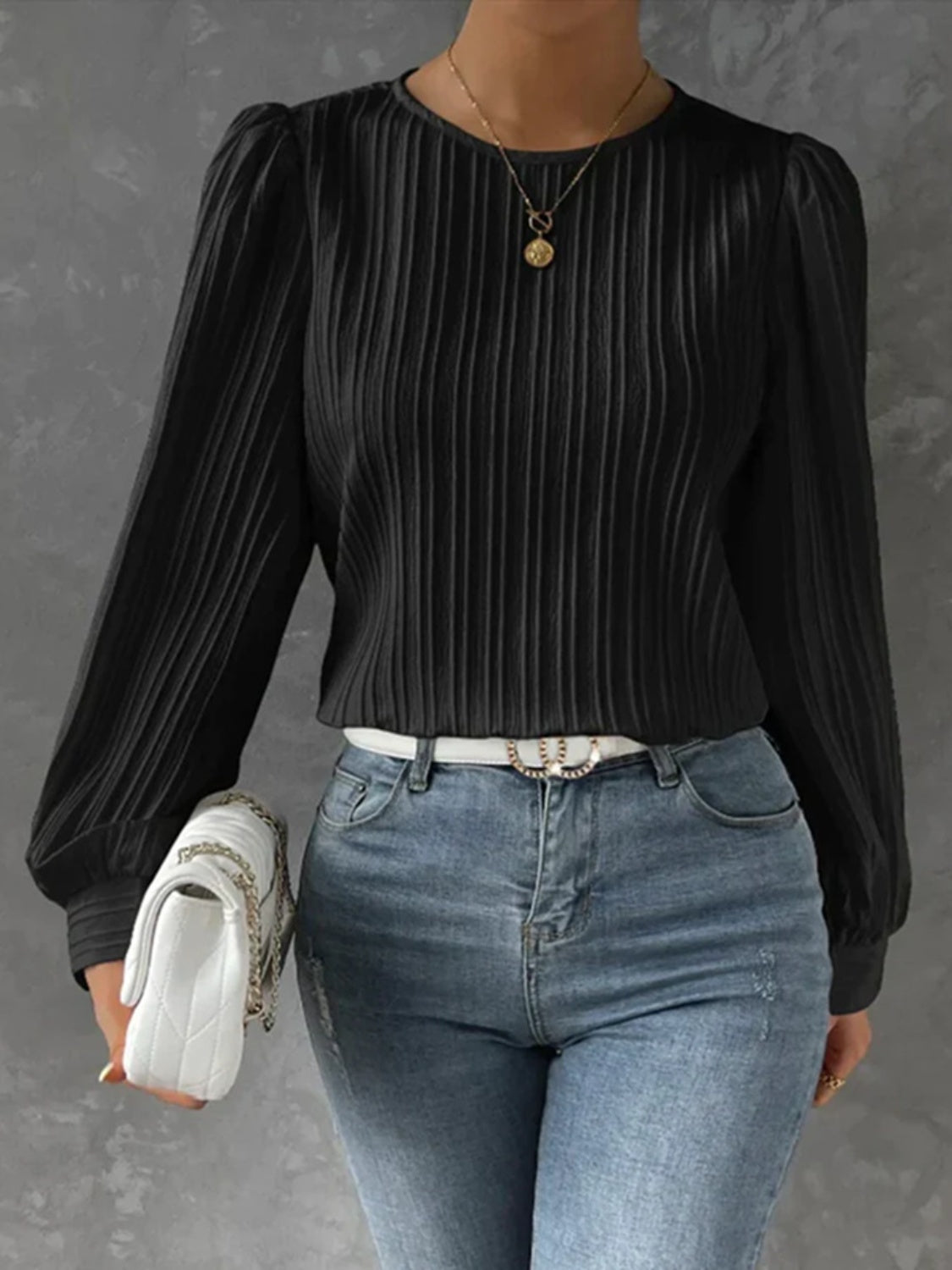 Round Neck Long Sleeve Blouse - Charming Charlie