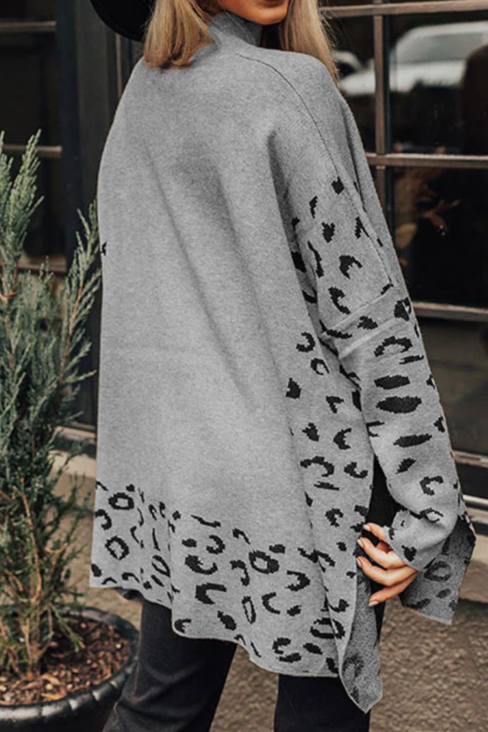 Slit Leopard Mock Neck Dropped Shoulder Sweater - Charming Charlie