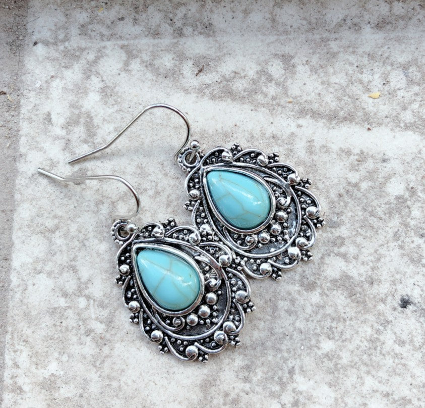 Artificial Turquoise Alloy Teardrop Dangle Earrings - Charming Charlie