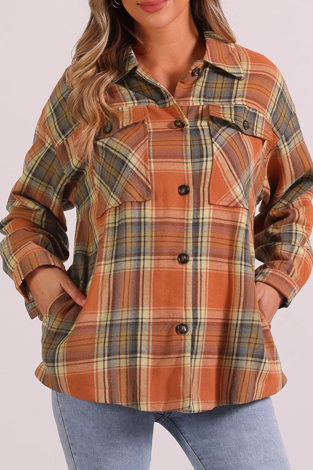 Plaid Collared Neck Long Sleeve Shirt with Chest Pockets - Charming Charlie
