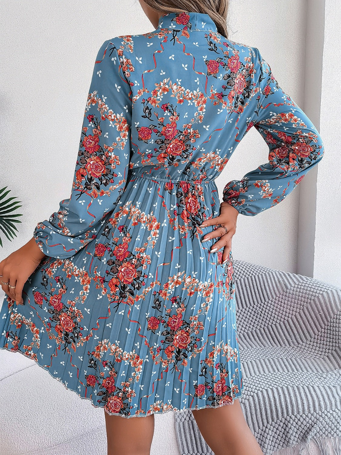 Pleated Printed Tie Neck Long Sleeve Dress - Charming Charlie