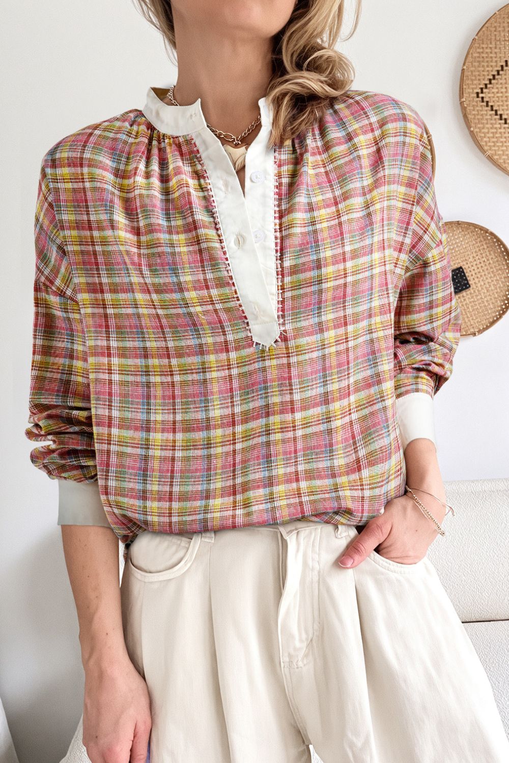 Mulit-Color Plaid Round Neck Long Sleeve Blouse - Charming Charlie