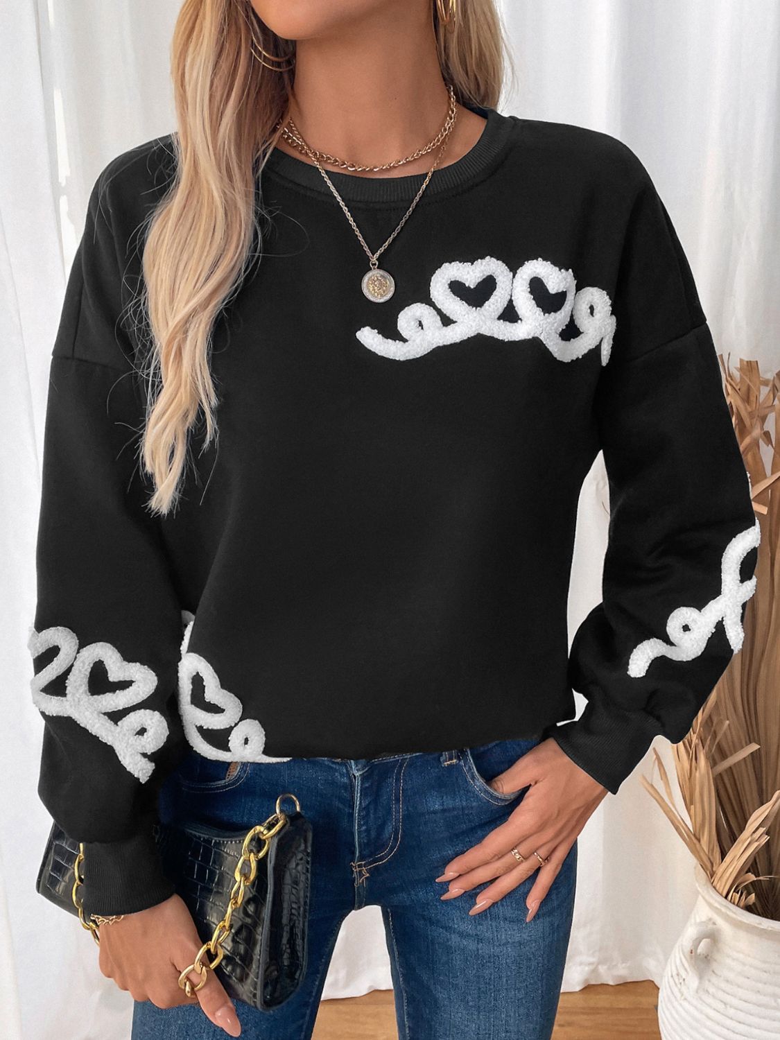 Perfee Heart Round Neck Long Sleeve Sweater - Charming Charlie