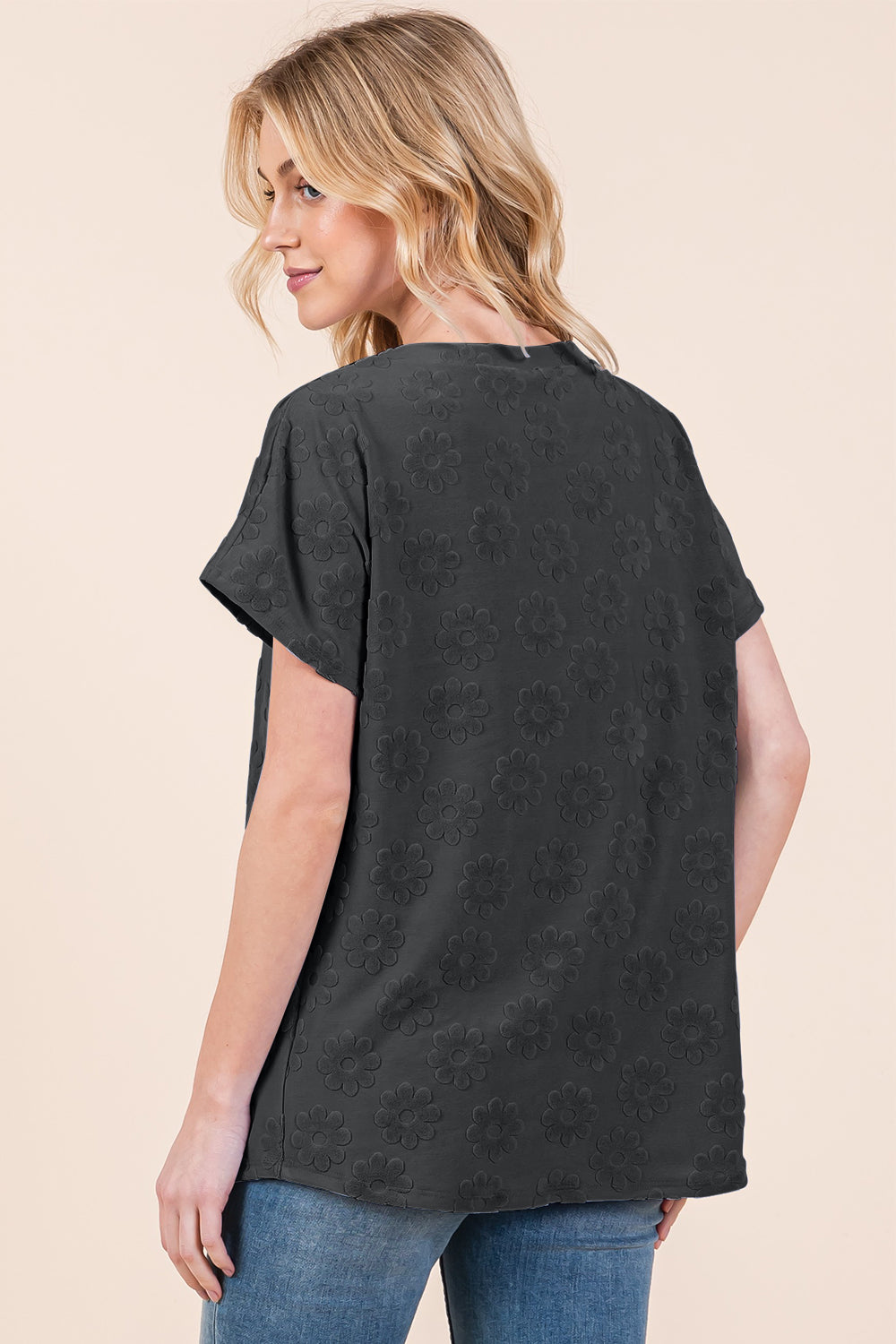 BOMBOM Textured Floral Pattern Short Sleeve T-Shirt - Charming Charlie