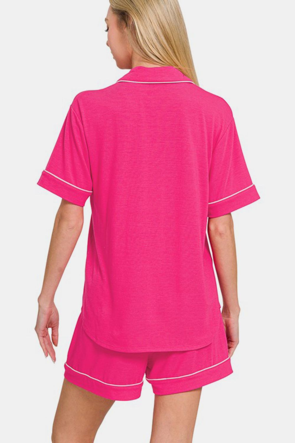 Zenana Button Down Short Sleeve Top and Shorts Lounge Set - Charming Charlie