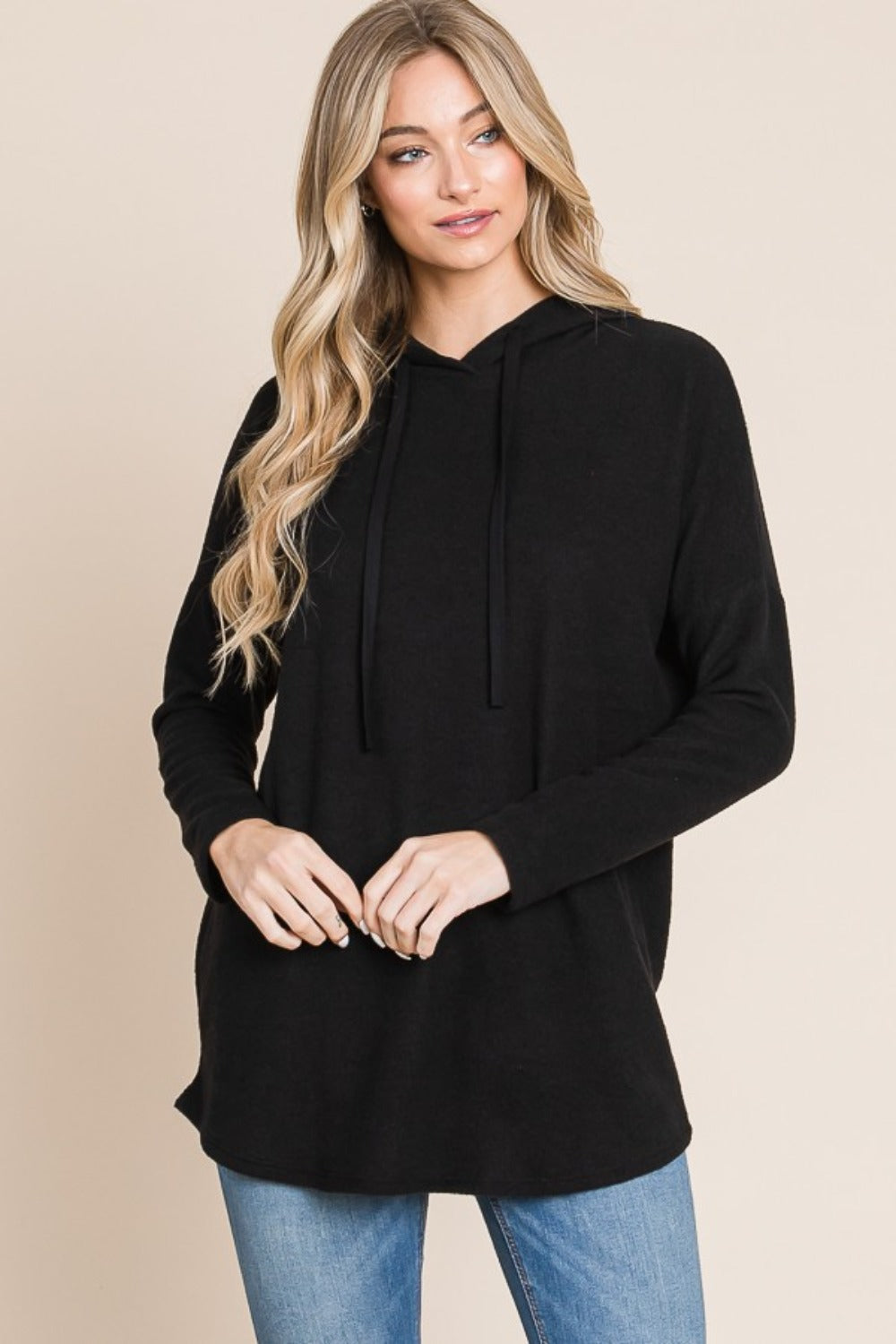 BOMBOM Contrast Drawstring Drop Shoulder Knit Hoodie - Charming Charlie