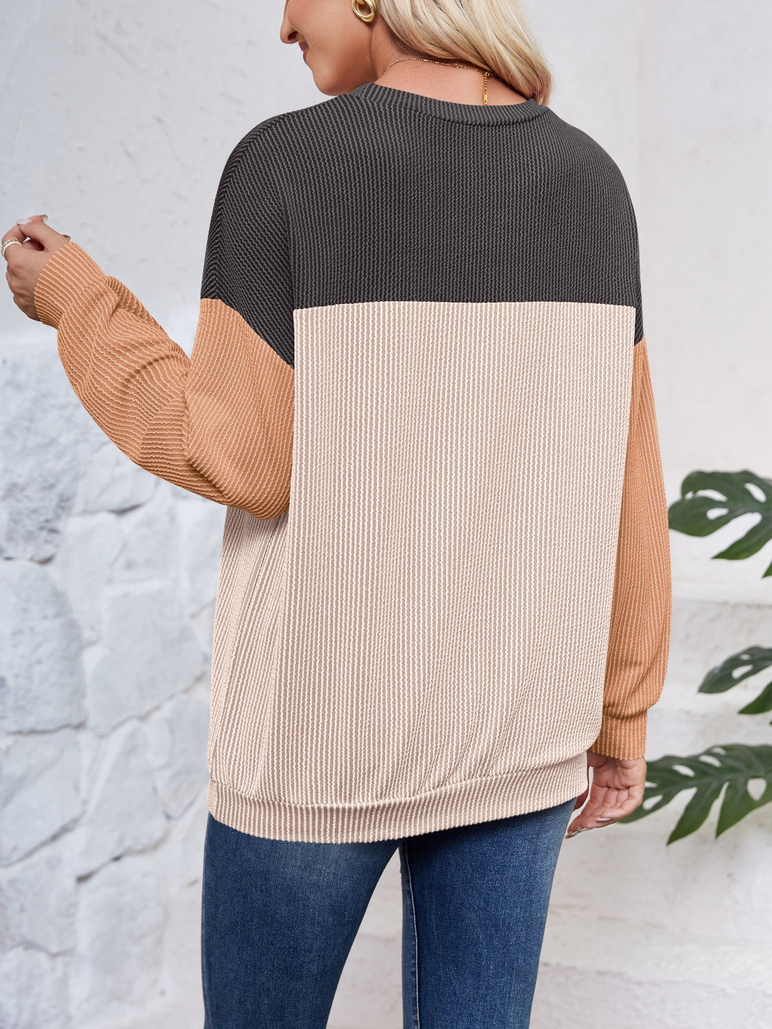 Color Block Round Neck Long Sleeve Sweatshirt - Charming Charlie