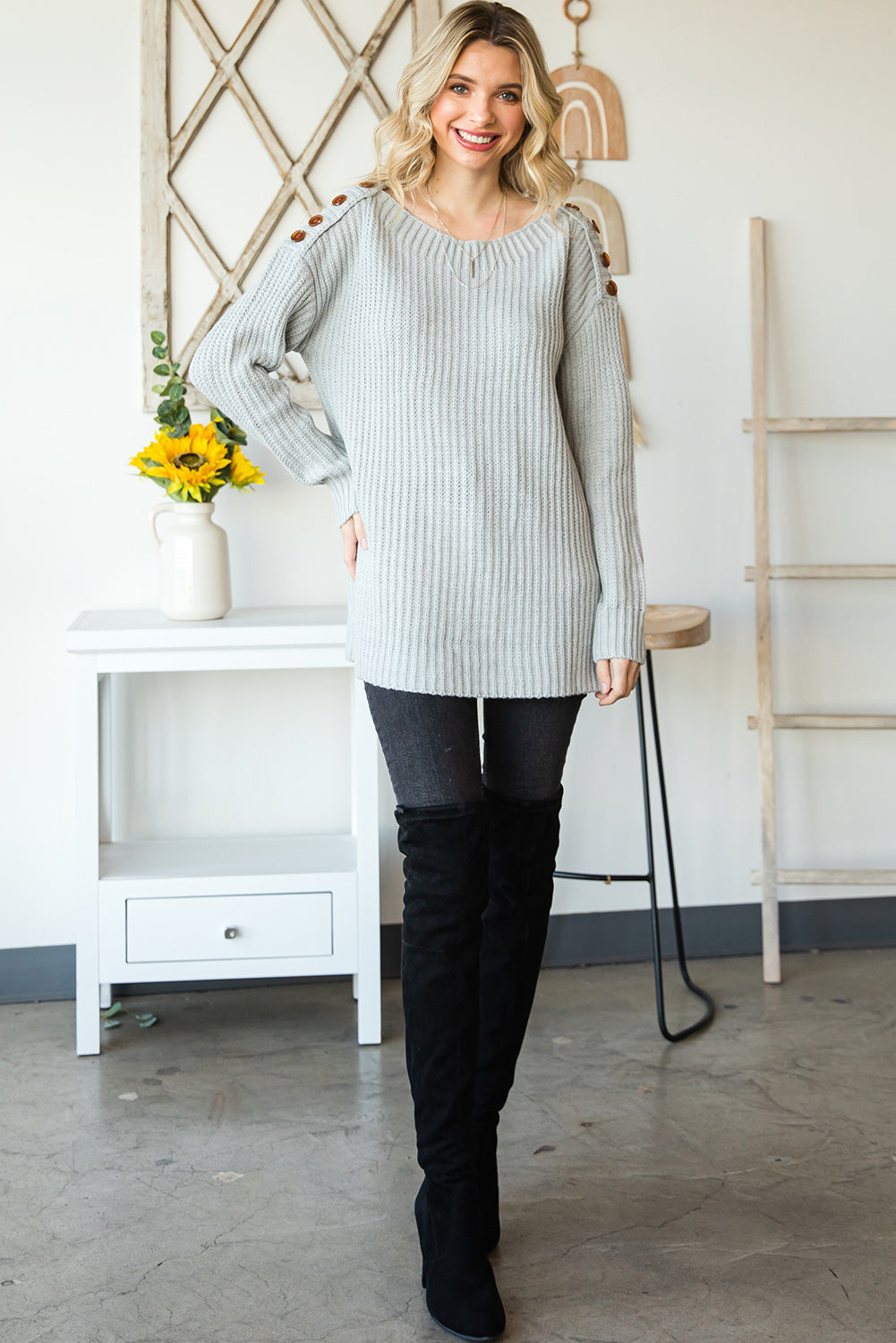 Side Slit Boat Neck Long Sleeve Sweater - Charming Charlie