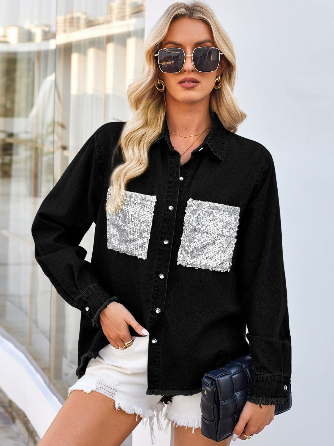 Raw Hem Button Up Long Sleeve Denim Jacket with Sequin Pockets - Charming Charlie