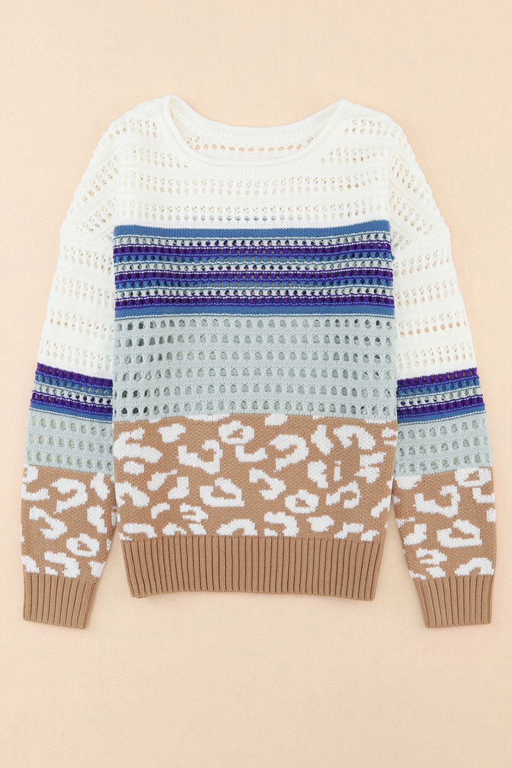Leopard Striped Round Neck Crochet Knit Top - Charming Charlie
