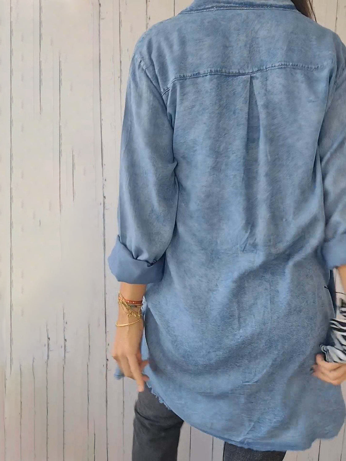 Full Size Raw Hem Button Up Long Sleeve Denim Top Plus Size - Charming Charlie