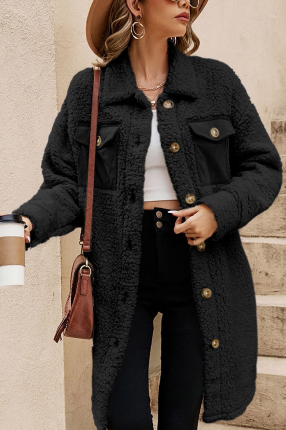 Collared Neck Long Sleeve Longline Teddy Jacket - Charming Charlie