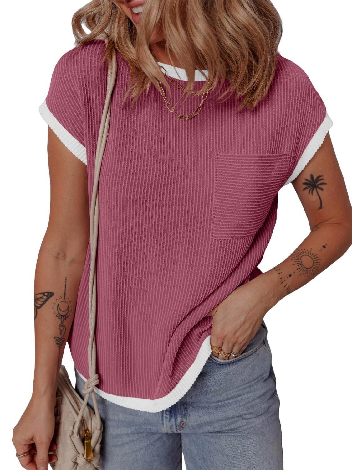 Contrast Trim Round Neck Short Sleeve T-Shirt - Charming Charlie