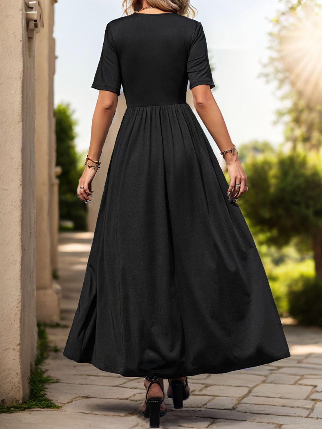 Lace Detail Slit V-Neck Short Sleeve Dress - Charming Charlie