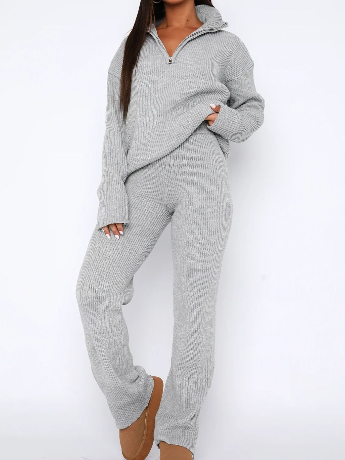 Quarter Zip Long Sleeve Top and Pants Set - Charming Charlie
