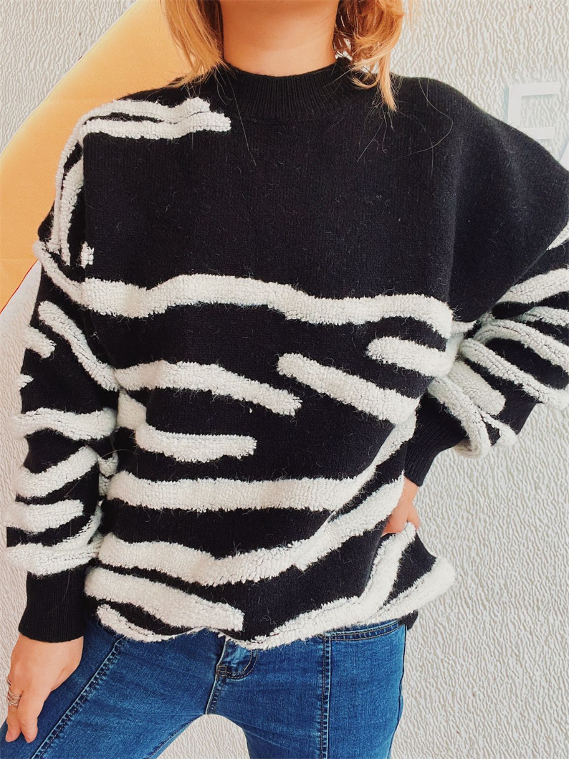 Contrast Round Neck Long Sleeve Sweater - Charming Charlie