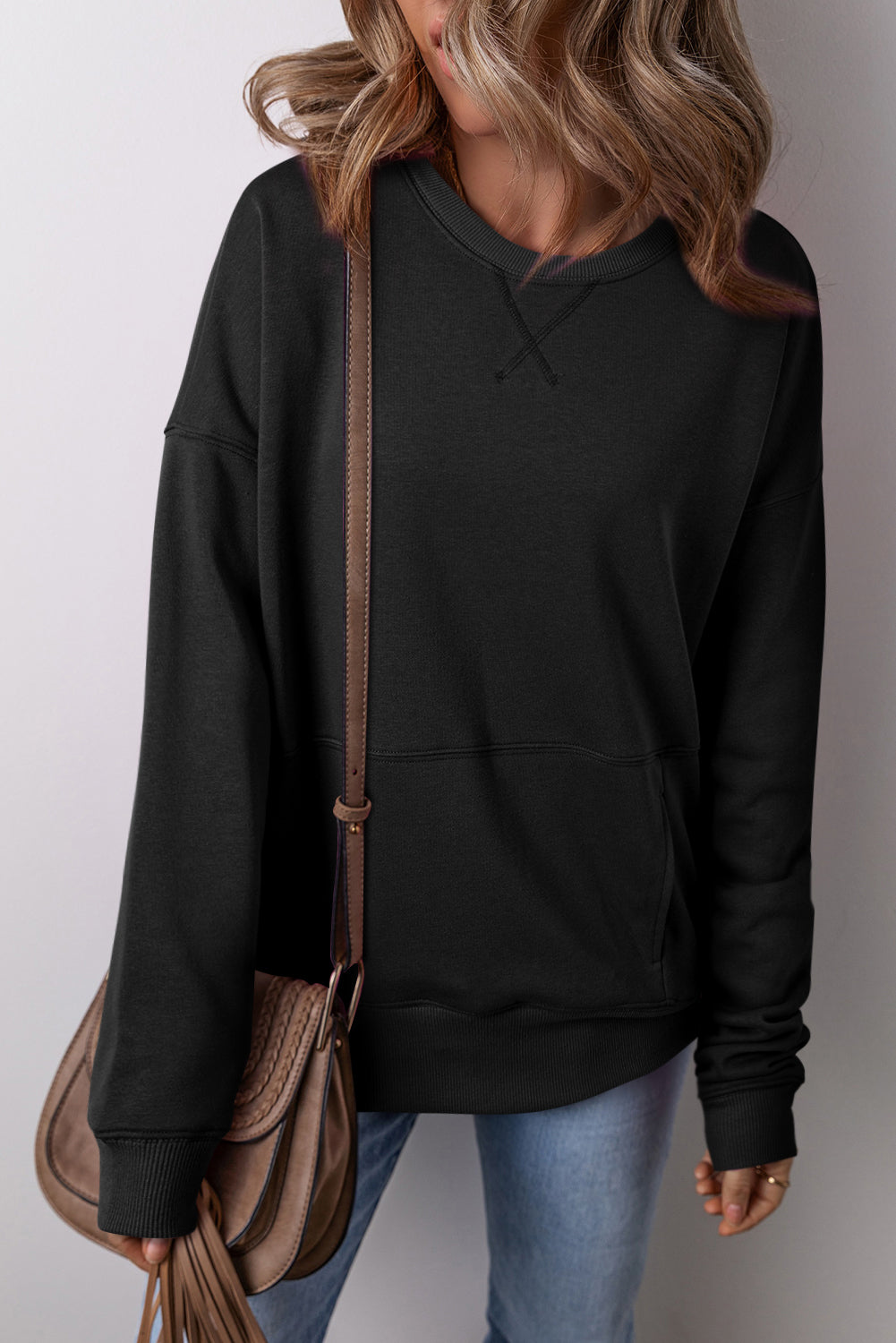 Solid Color Round Neck Long Sleeve Sweatshirt - Charming Charlie