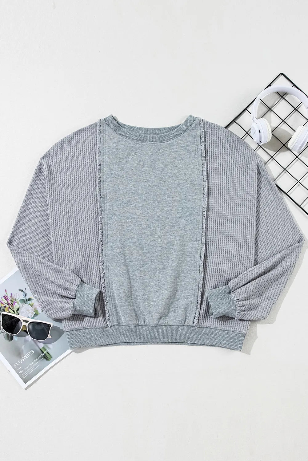 Waffle-Knit Round Neck Long Sleeve Top - Charming Charlie