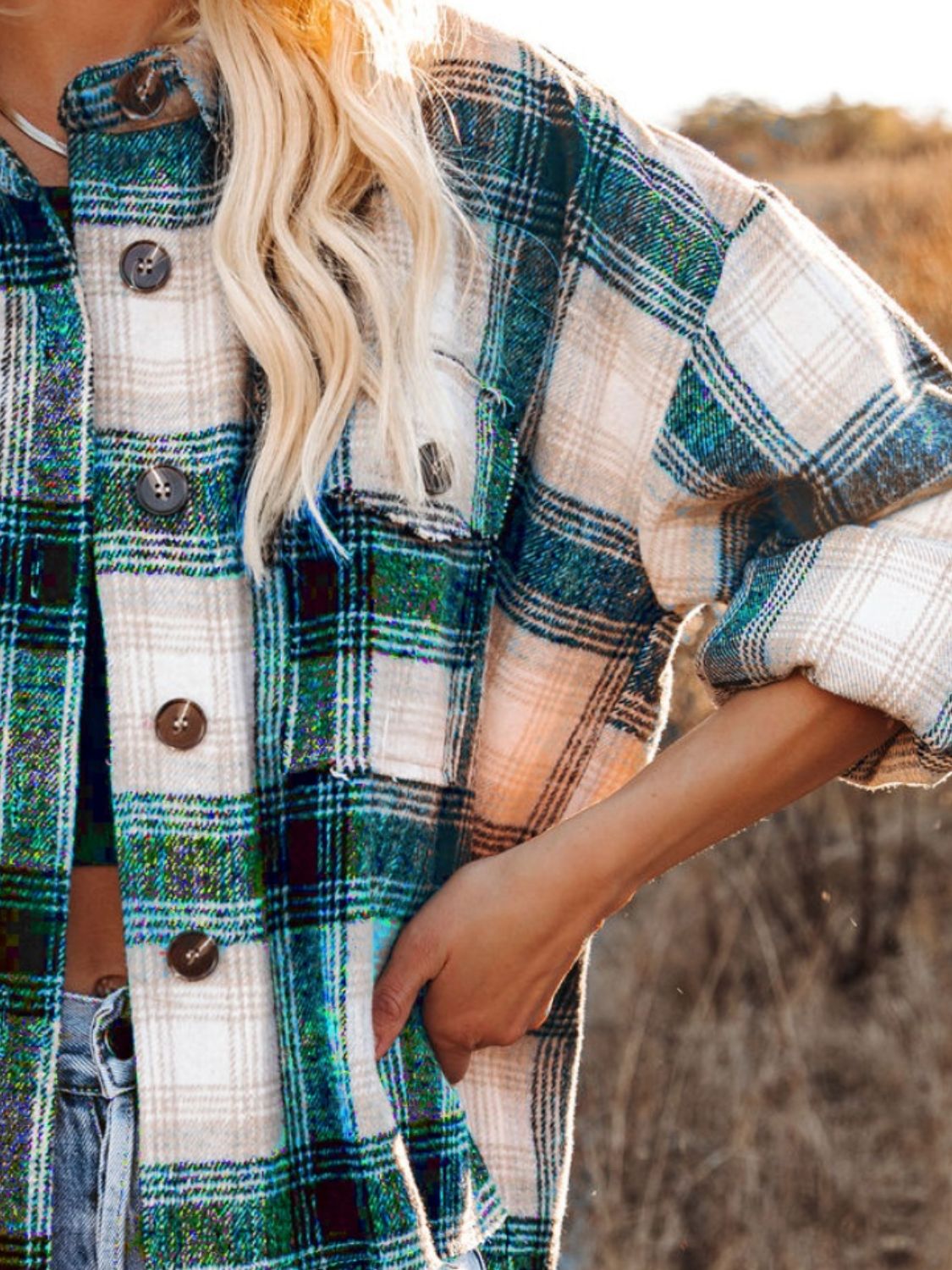 Pocketed Plaid Button Down Long Sleeve Shacket - Charming Charlie