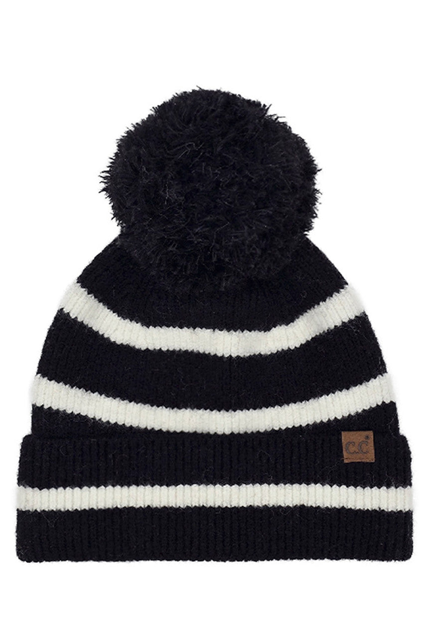 Black C.C Two Tone Stripe Yarn Pom Beanie