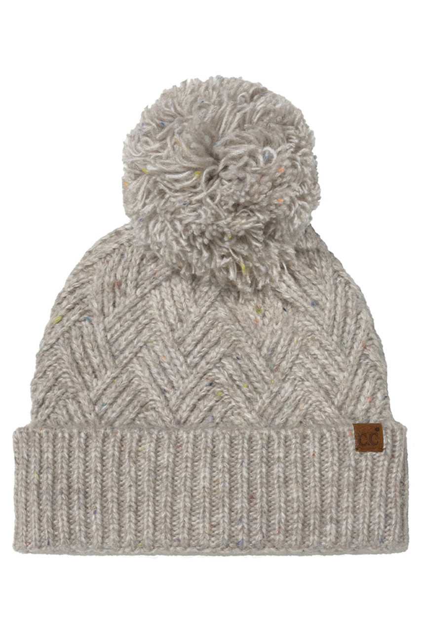 Oatmeal C.C Criss-Cross Pattern Yarn Pom Beanie