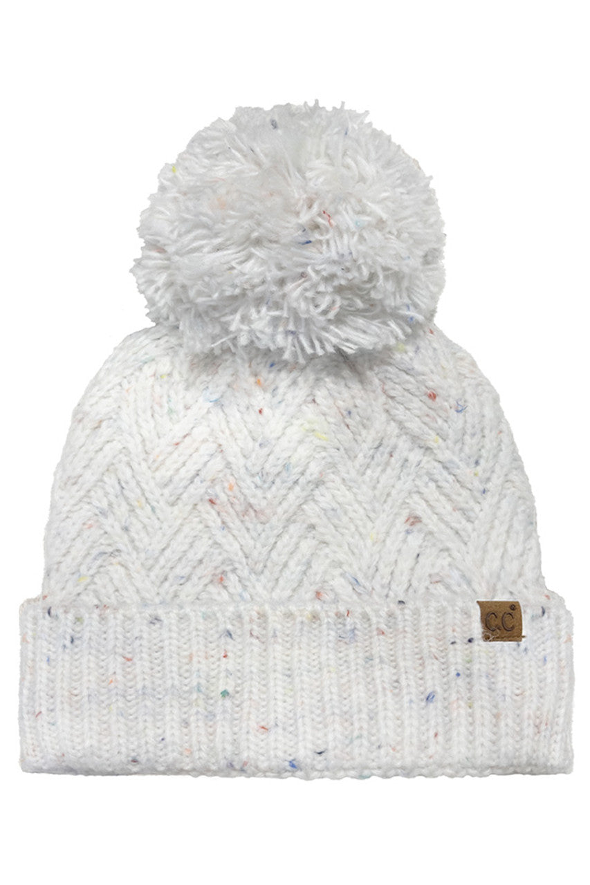 White C.C Criss-Cross Pattern Yarn Pom Beanie