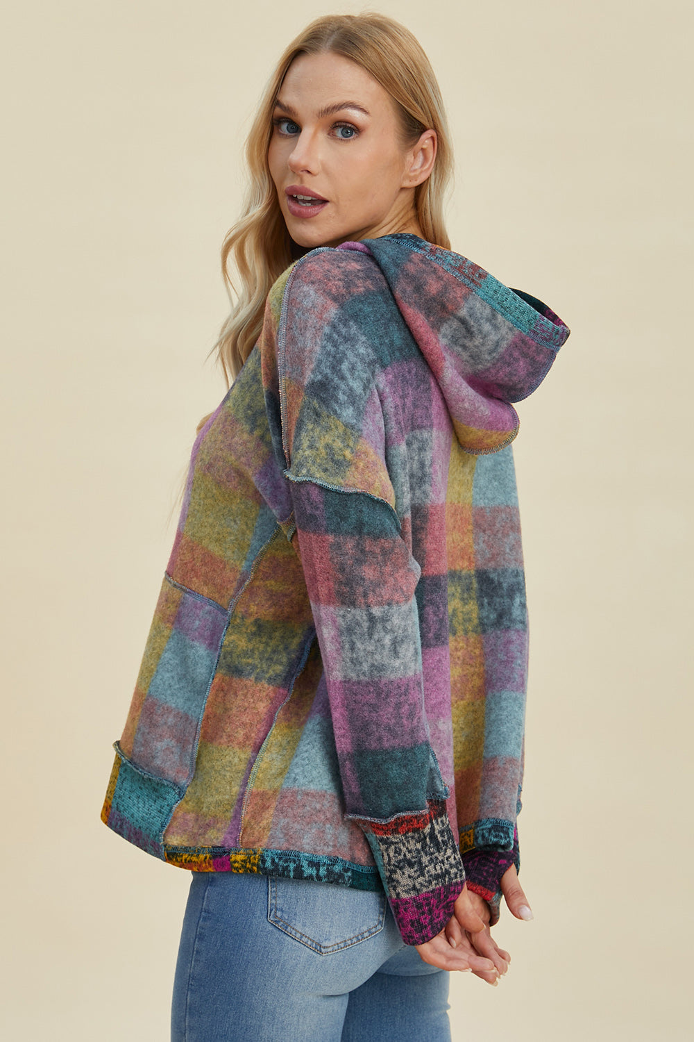 Double Take Full Size Plaid Dropped Shoulder Fleece Hoodie - Charming Charlie