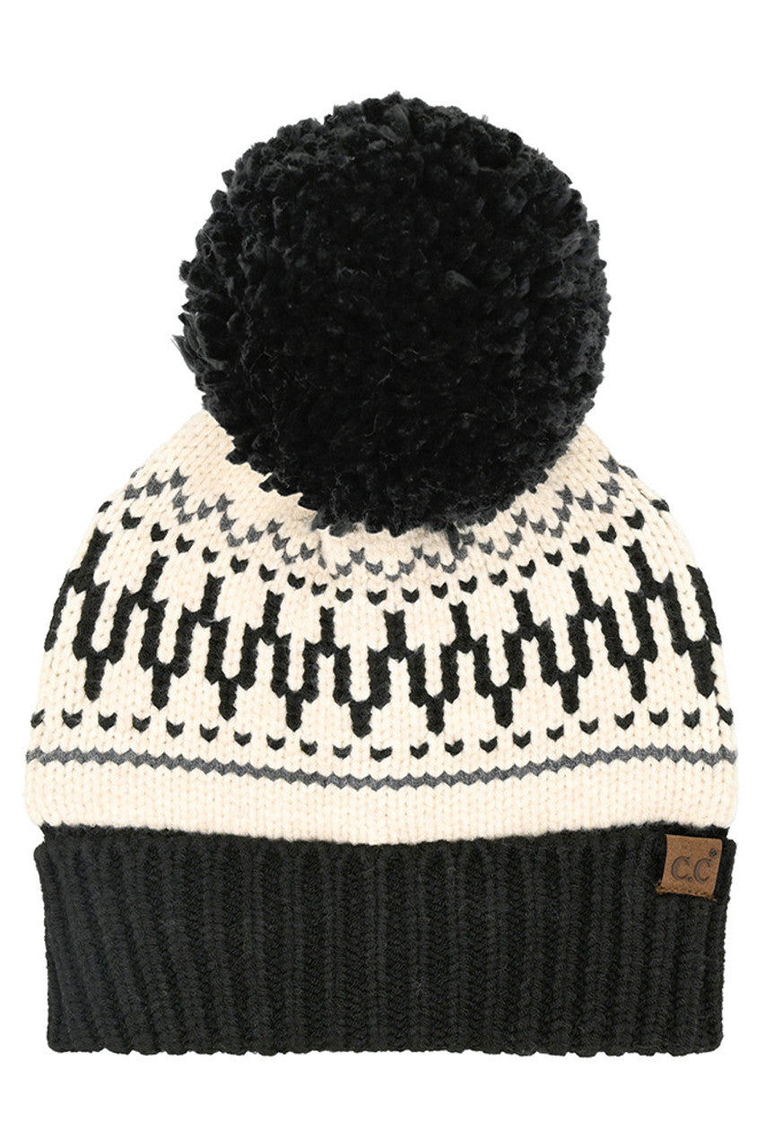 Black C.C Fair Isle Pattern Yarn Pom Beanie