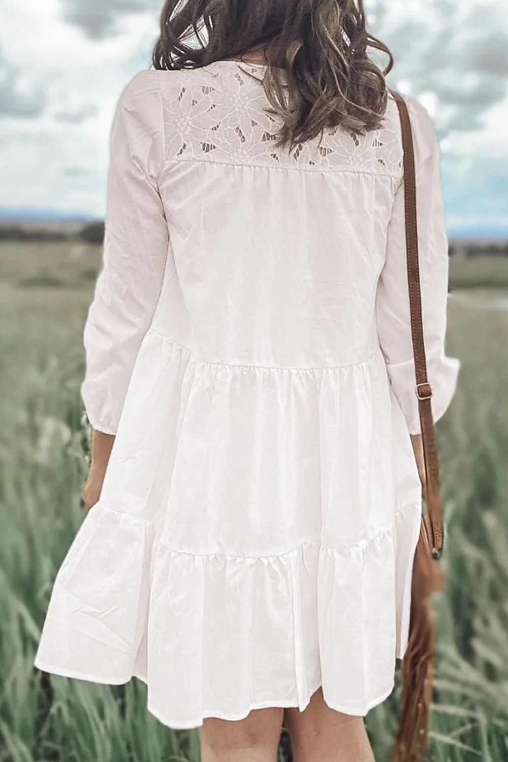 Tiered Round Neck Three-Quarter Sleeve Dress - Charming Charlie